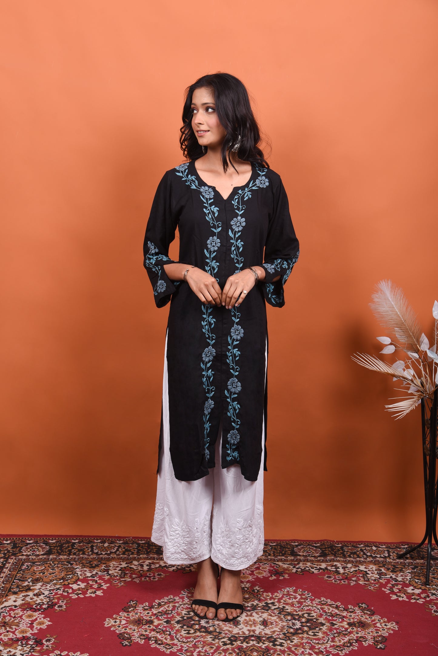 Sia Black Chikankari Long Kurti with Blue Embroidery | Front Open