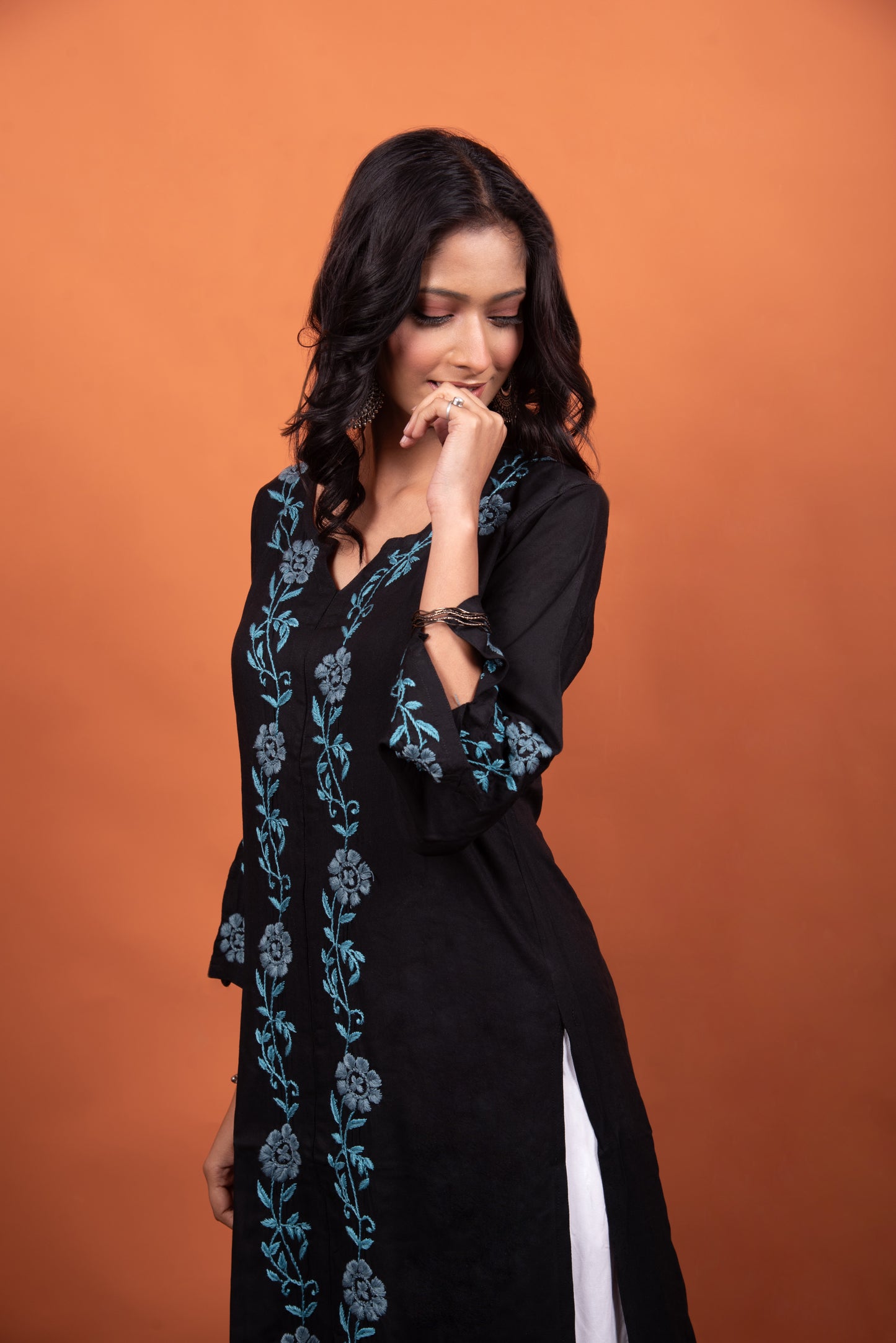 Sia Black Chikankari Long Kurti with Blue Embroidery | Front Open