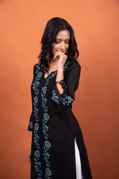 Sia Black Chikankari Long Kurti with Blue Embroidery | Front Open