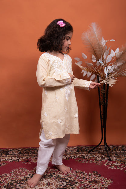 Little Trendsetter: Beige Chikankari Cotton Dress