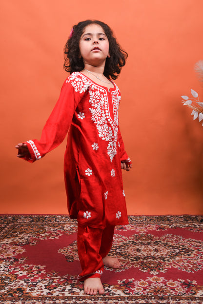 Playtime Perfection: Red Chikankari Kurti Plazo for Girls