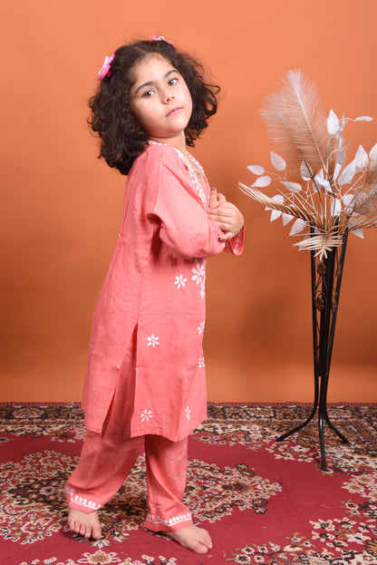 Playtime Perfection: Peach Chikankari Kurti Plazo for Girls