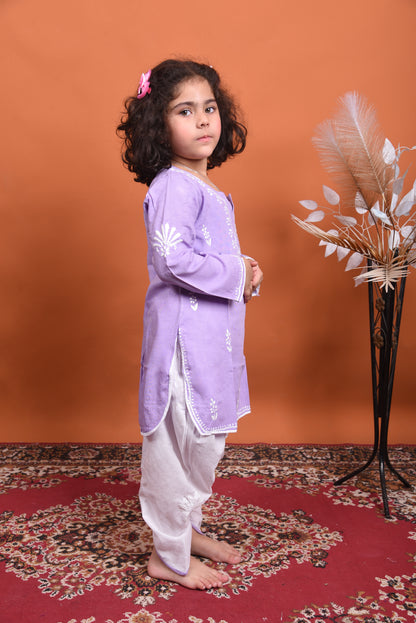 Lil' Princess Purple Chikankari Dhoti-Kurta Set