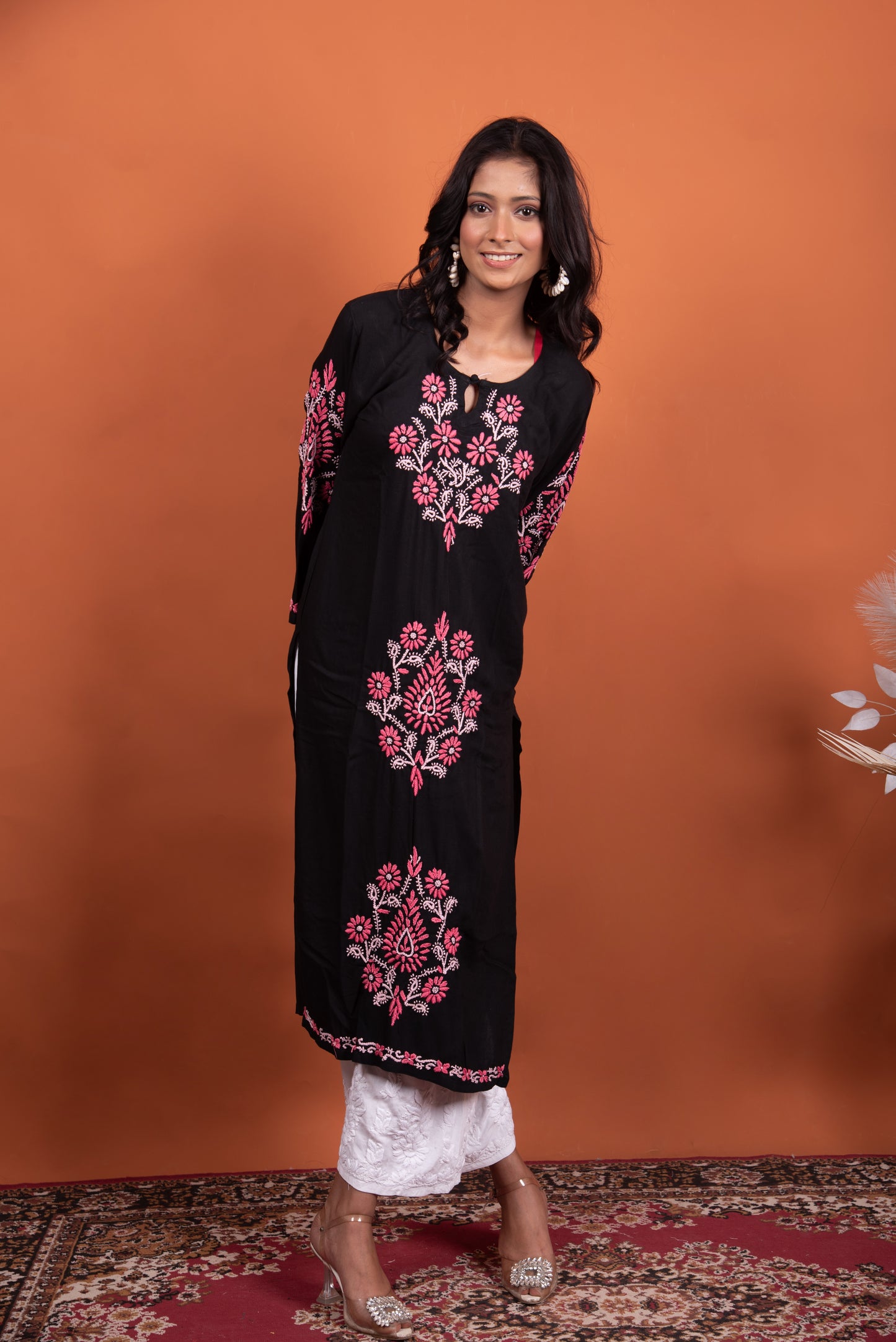 Sia Black Chikankari Long Kurti with Pink Embroidery