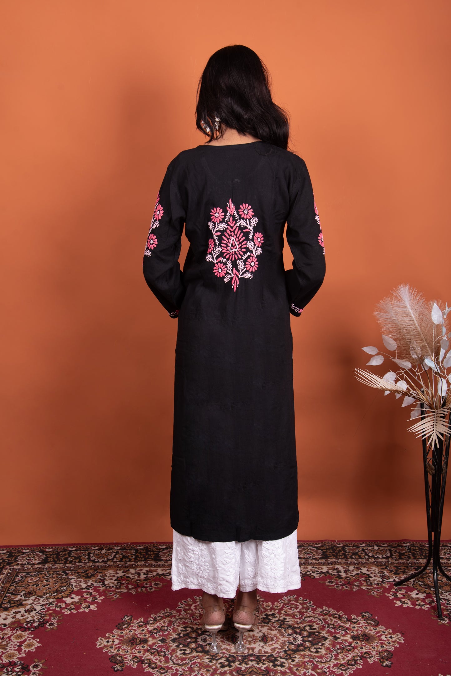 Sia Black Chikankari Long Kurti with Pink Embroidery