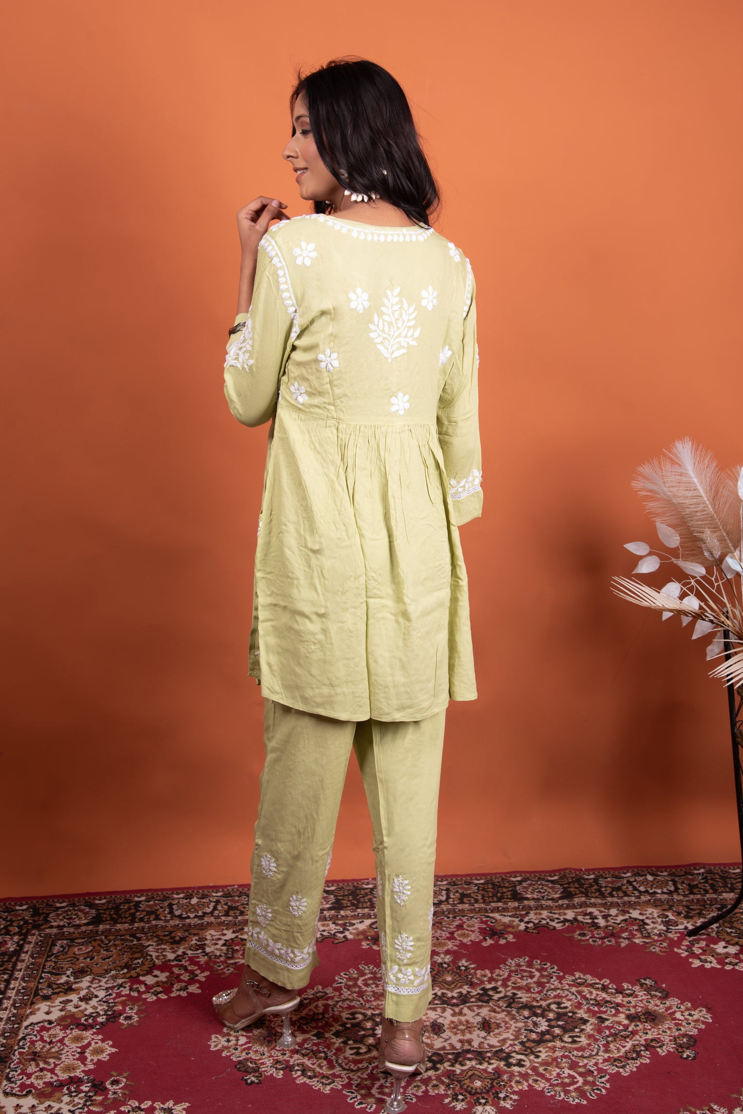 Anisa Chikankari Hand-Embroidered Green Rayon Co-ord Set