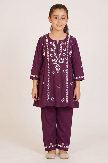 Dark Wine Chikankari Side Pleated Kidswear Set