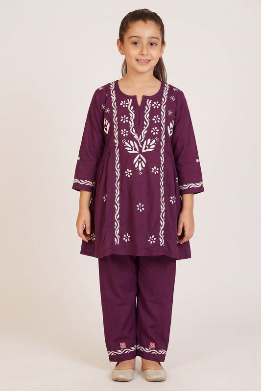 Dark Wine Chikankari Side Pleated Kidswear Set