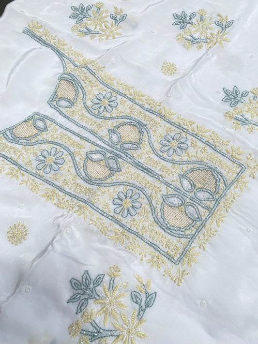 Meher Noor Crepe Chikankari Zardozi Unstiched Kurta Dupatta Set - Famous Chikankari