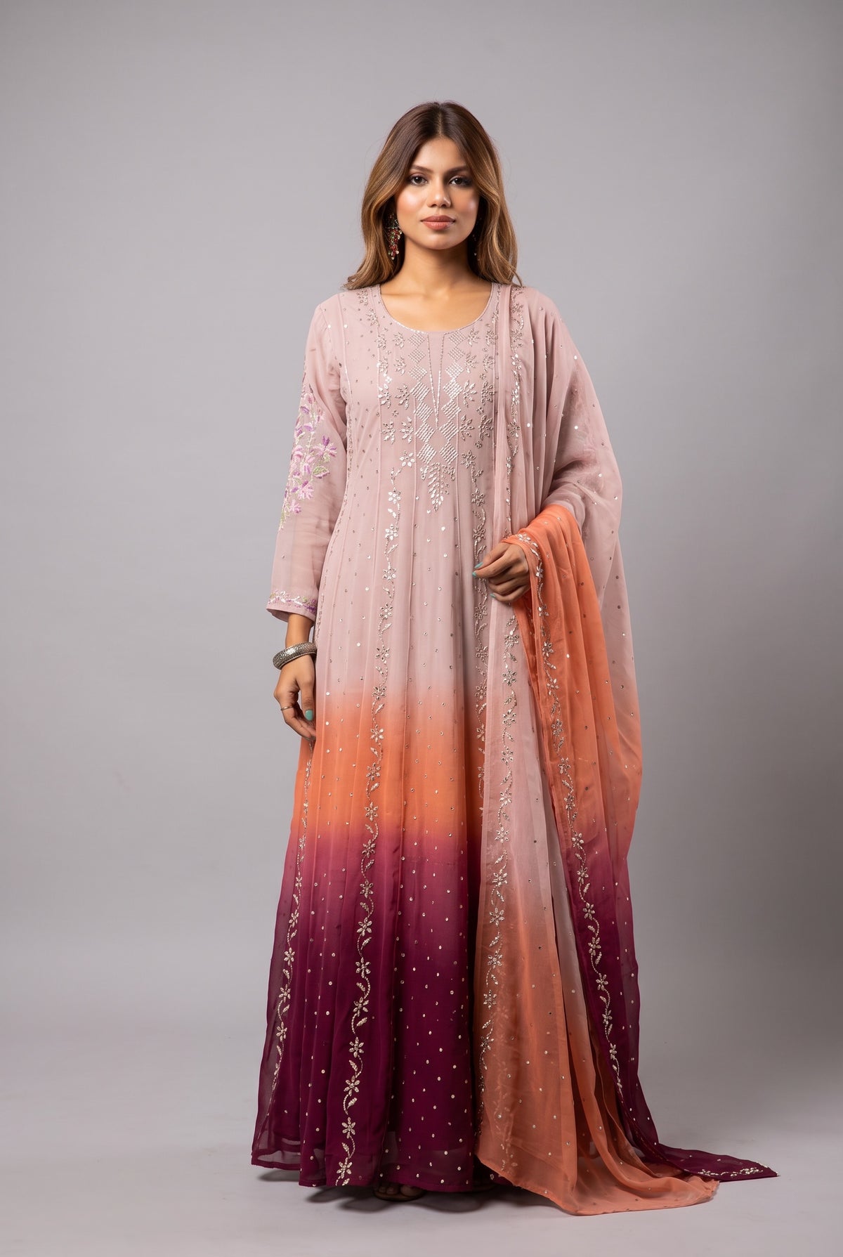 Noor e Mehfil - Semi-Stitched Tri-Colour Mukaish Anarkali with Dupatta