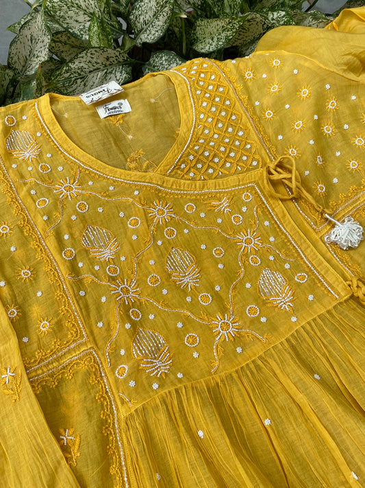 Mahnoor (ماہ نور) Chikankari Semi-Stitched Angarkha With Dupatta - Famous Chikankari