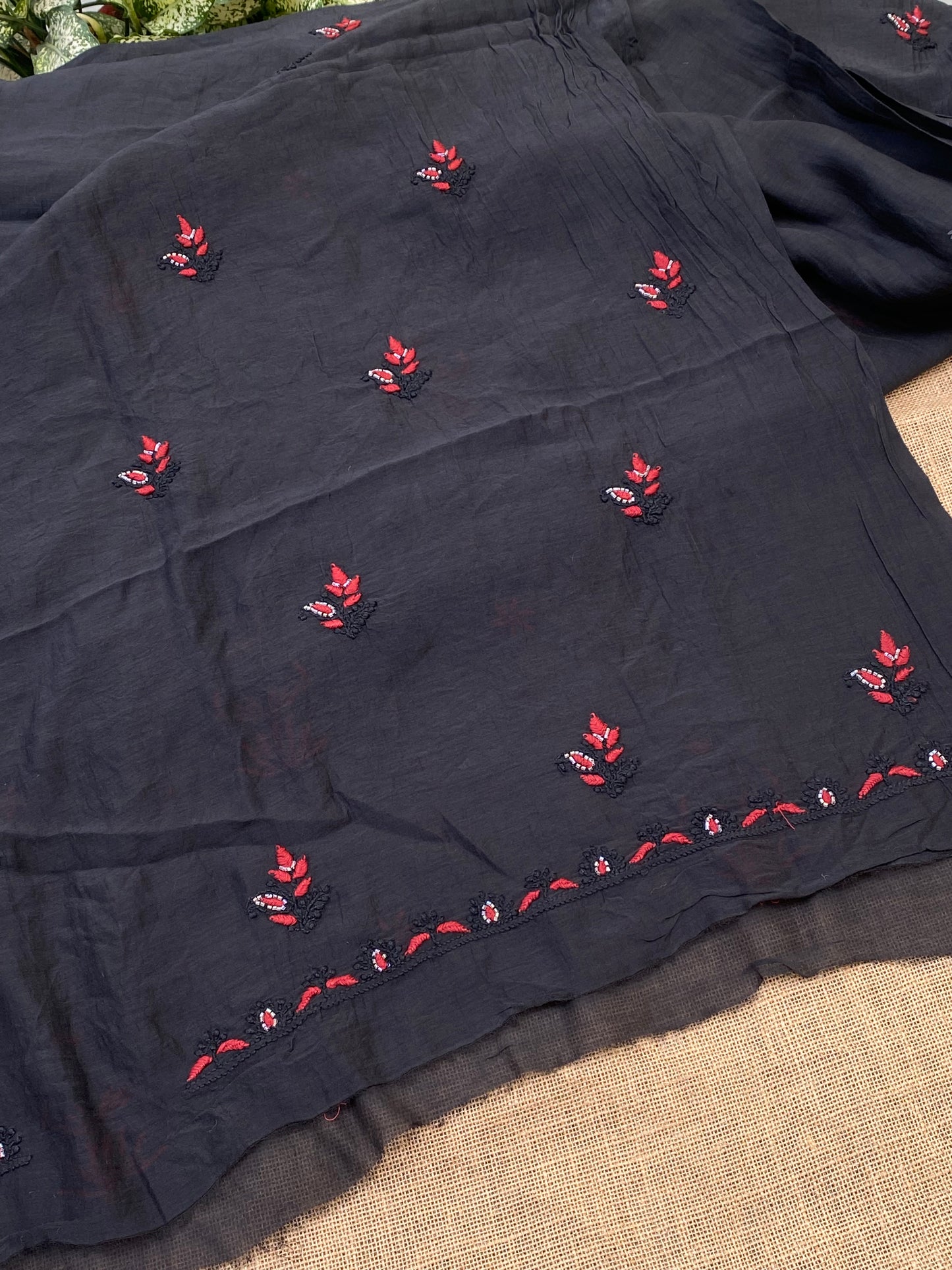 Black Mul Chanderi Chikankari Unstitched Dress Material