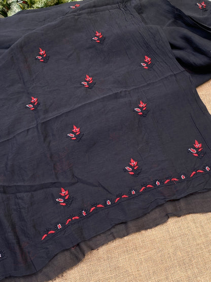 Black Mul Chanderi Chikankari Unstitched Dress Material - Famous Chikankari