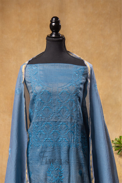 Hafsa – Grey Chikankari Unstitched Kurta Dupatta in Tissue Chanderi Fabric
