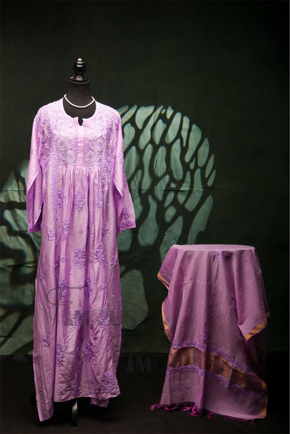 The Soraya Gown |Lilac Elegant Chikankari Semi-Stitched Gown With Dupatta