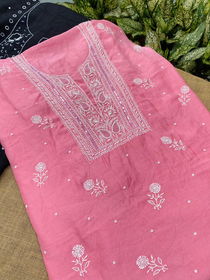 Mahjabeen (ماہ جبیں) Muslin Chikankari Unstiched Kurta Dupatta | Carrot Pink - Famous Chikankari