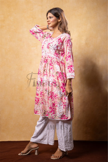 The Samira: Floral Mulmul Chikankari Kurti with Lace Accent|Pink