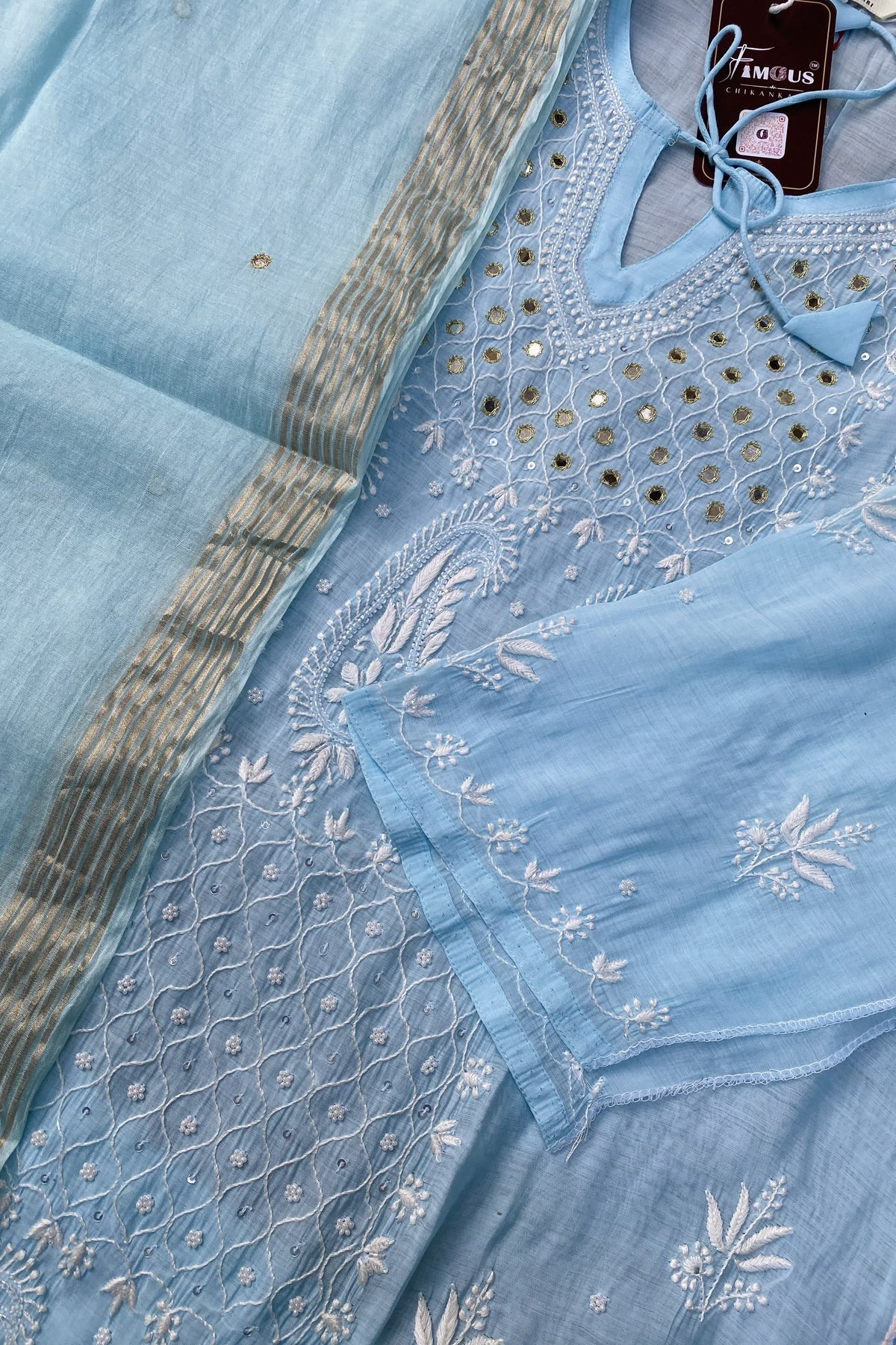 Famous Chikankari Mul Chanderi Chikankari Semi-Stitched Suit Set