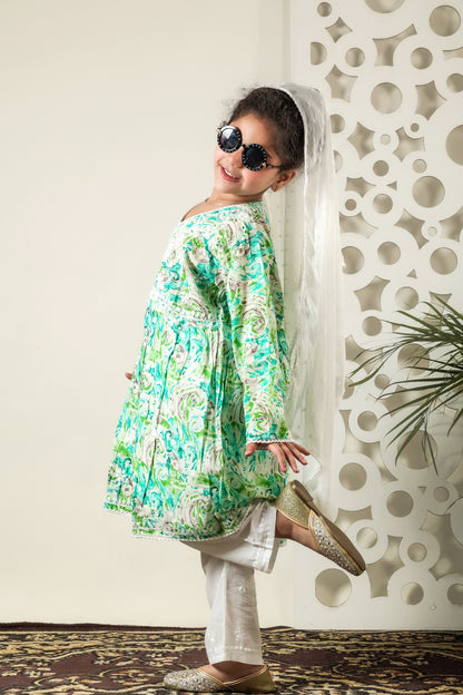 Fiza Angarkha Mul Print Kids Chikankari Set - Green - Famous Chikankari