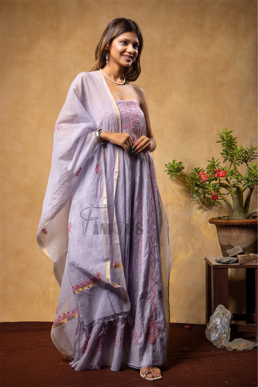 Grey Anarkali Semi-Stitched in Mul Chanderi with Pink Chikankari Embroidery