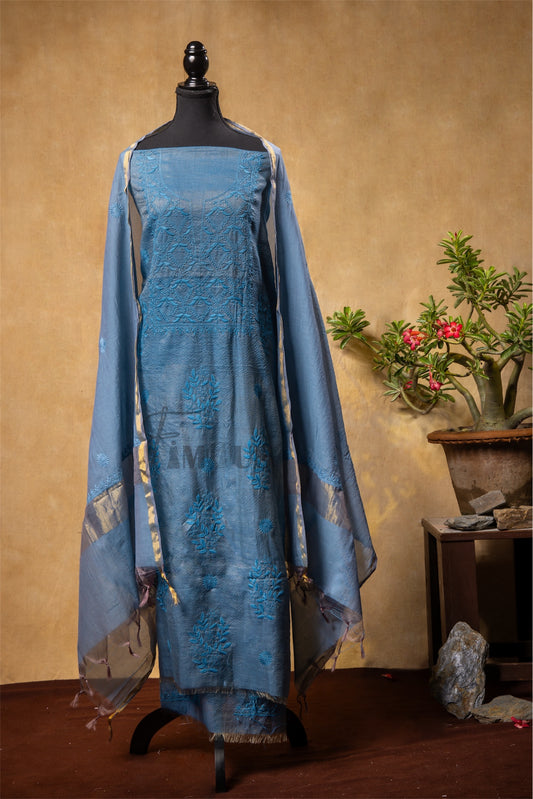 Hafsa – Grey Chikankari Unstitched Kurta Dupatta in Tissue Chanderi Fabric
