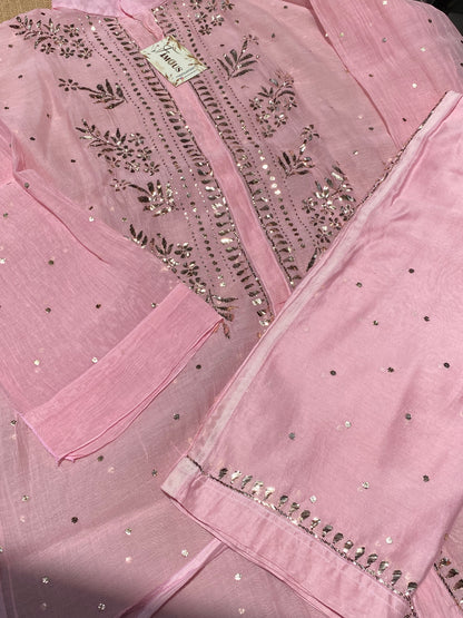 Roohani Pittawork Mukaish Semi Stiched Coord Set - Famous Chikankari