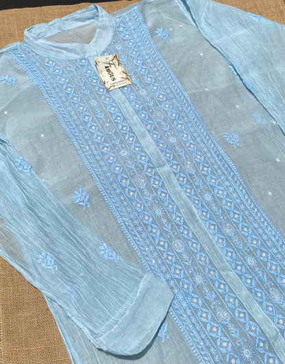 Tamanna Chikankari and Pearl Work Semi Stitched Coord Sets-Powder Blue - Famous Chikankari
