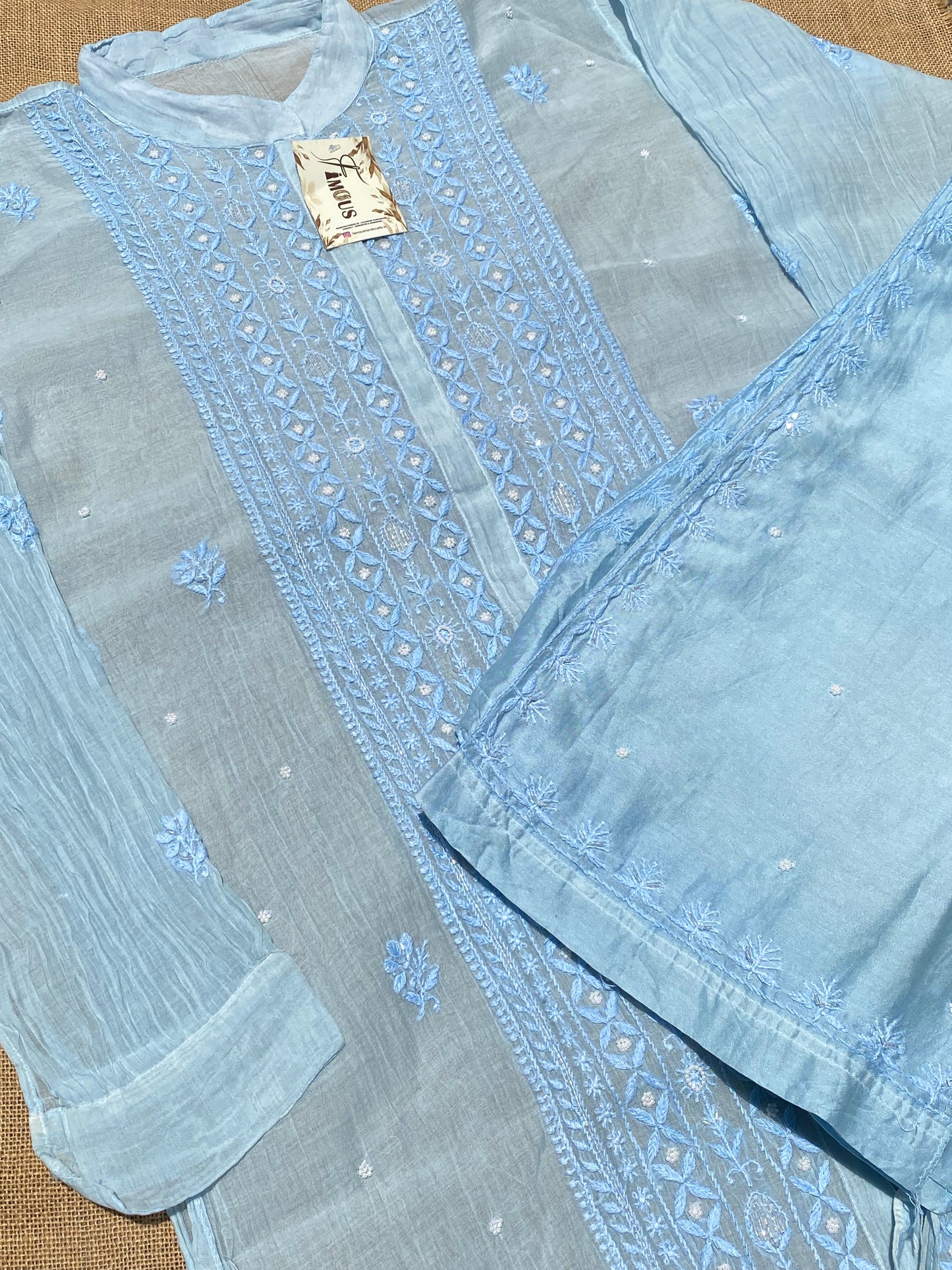 Tamanna Chikankari and Pearl Work Semi Stitched Coord Sets-Powder Blue