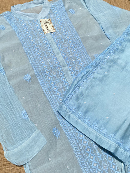 Tamanna Chikankari and Pearl Work Semi Stitched Coord Sets-Powder Blue - Famous Chikankari