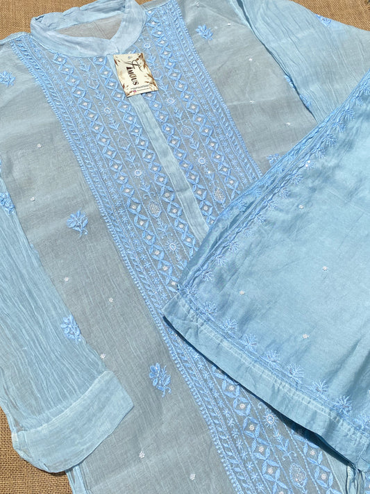 Tamanna Chikankari and Pearl Work Semi Stitched Coord Sets-Powder Blue