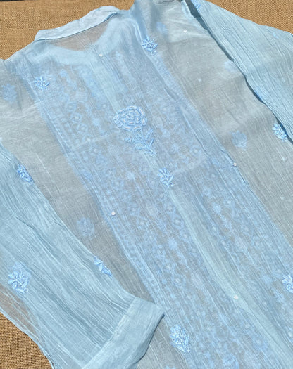 Tamanna Chikankari and Pearl Work Semi Stitched Coord Sets-Powder Blue - Famous Chikankari