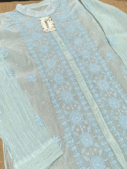 Tamanna Chikankari and Pearl Work Semi Stitched Coord Sets-Paled Turquoise - Famous Chikankari