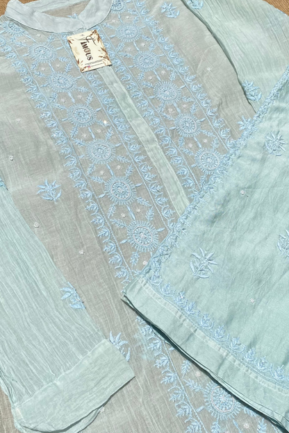 Tamanna Chikankari and Pearl Work Semi Stitched Coord Sets-Paled Turquoise - Famous Chikankari