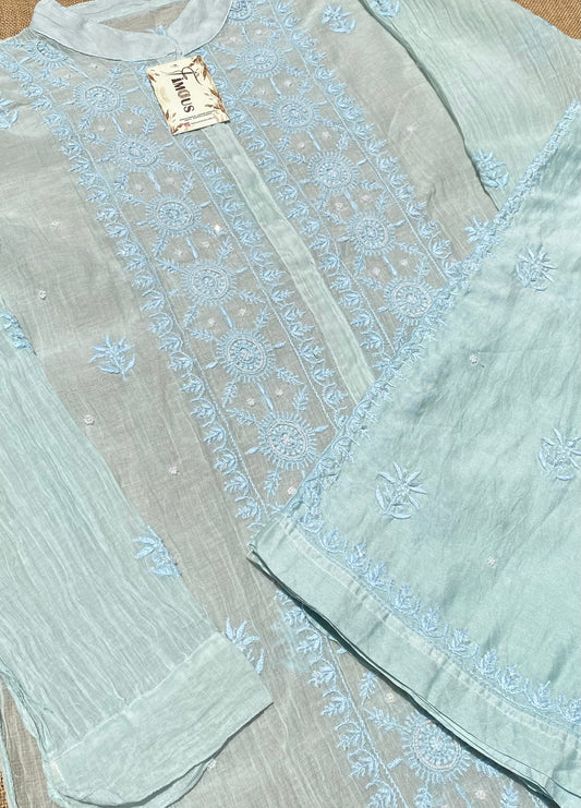 Tamanna Chikankari and Pearl Work Semi Stitched Coord Sets-Paled Turquoise