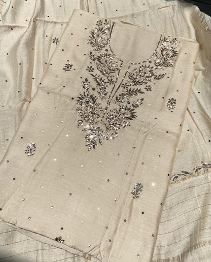 Gulmohar Tussar Moonga Silk Pitta Work Unstiched Kurta Dupatta - Famous Chikankari