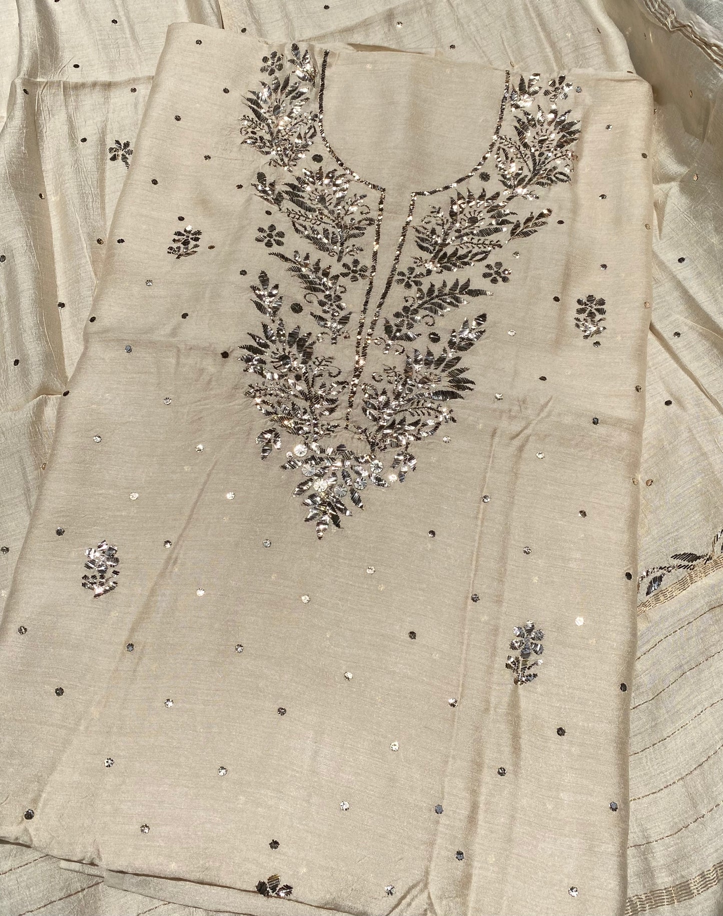 Gulmohar Tussar Moonga Silk Pitta Work Unstiched Kurta Dupatta