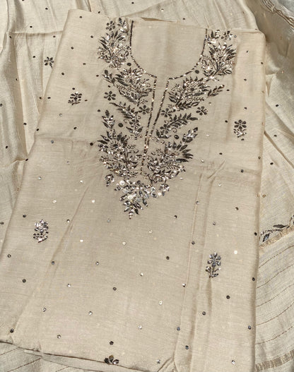 Gulmohar Tussar Moonga Silk Pitta Work Unstiched Kurta Dupatta - Famous Chikankari