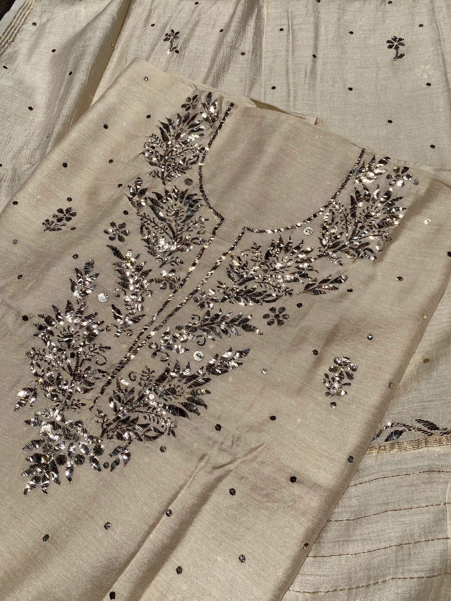 Gulmohar Tussar Moonga Silk Pitta Work Unstiched Kurta Dupatta
