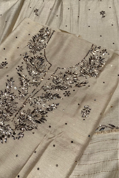 Gulmohar Tussar Moonga Silk Pitta Work Unstiched Kurta Dupatta - Famous Chikankari