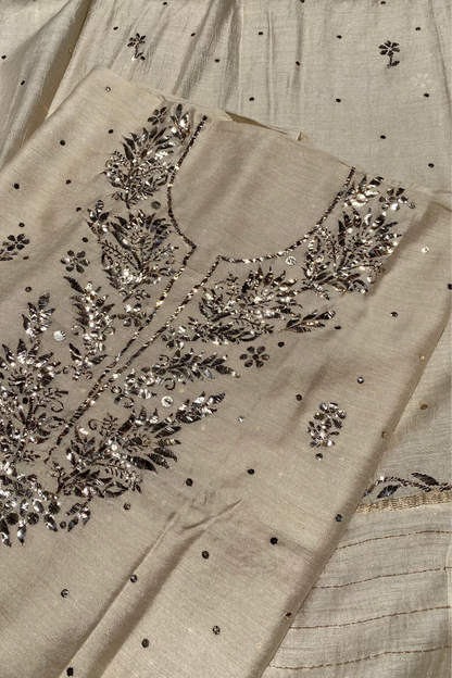 Gulmohar Tussar Moonga Silk Pitta Work Unstiched Kurta Dupatta - Famous Chikankari