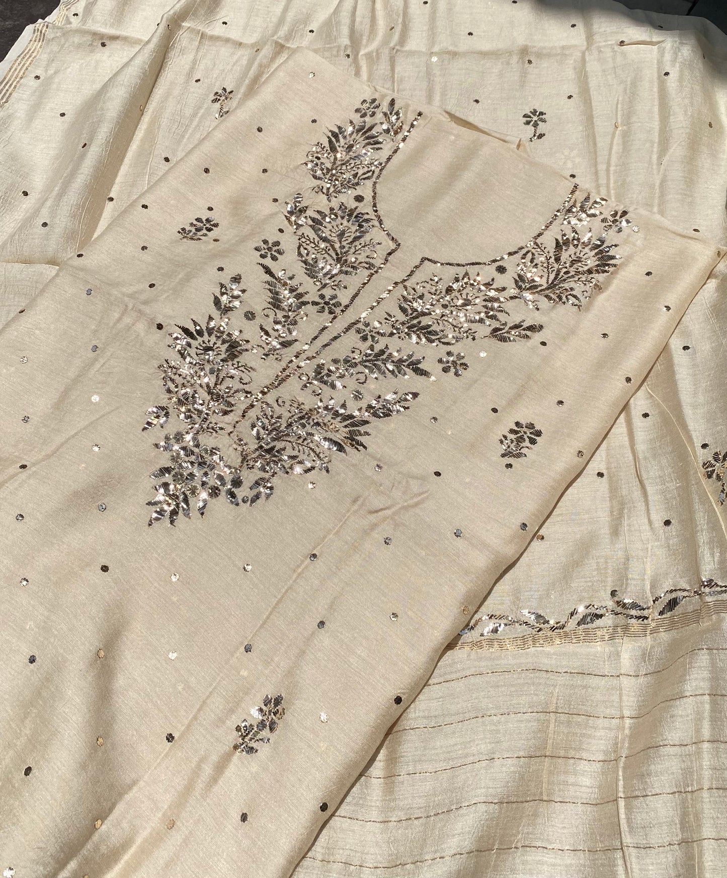 Gulmohar Tussar Moonga Silk Pitta Work Unstiched Kurta Dupatta