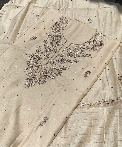 Gulmohar Tussar Moonga Silk Pitta Work Unstiched Kurta Dupatta - Famous Chikankari