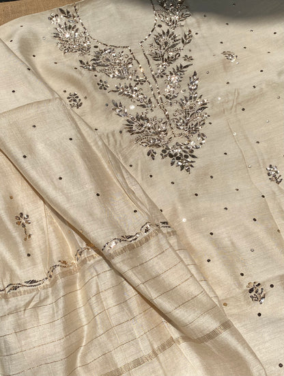 Gulmohar Tussar Moonga Silk Pitta Work Unstiched Kurta Dupatta - Famous Chikankari