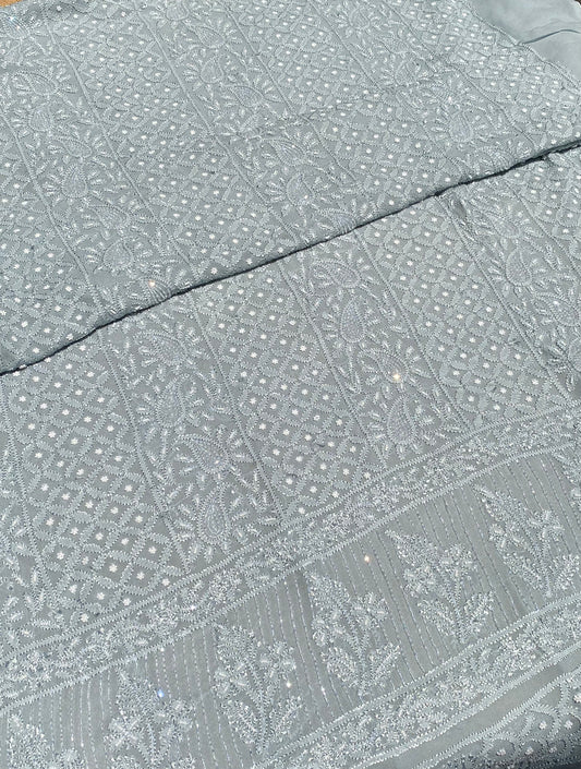 Roshan-e-Noor Grey Chikankari Unstitched Set