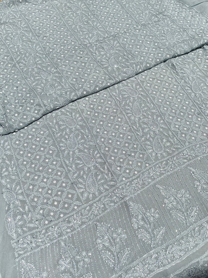 Roshan-e-Noor Grey Chikankari Unstitched Set - Famous Chikankari