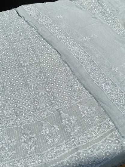 Roshan-e-Noor Grey Chikankari Unstitched Set - Famous Chikankari