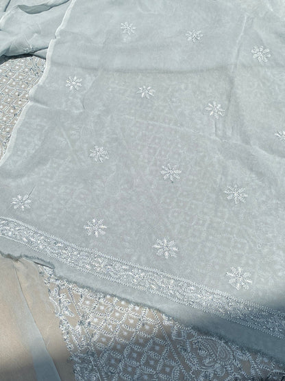 Roshan-e-Noor Grey Chikankari Unstitched Set - Famous Chikankari