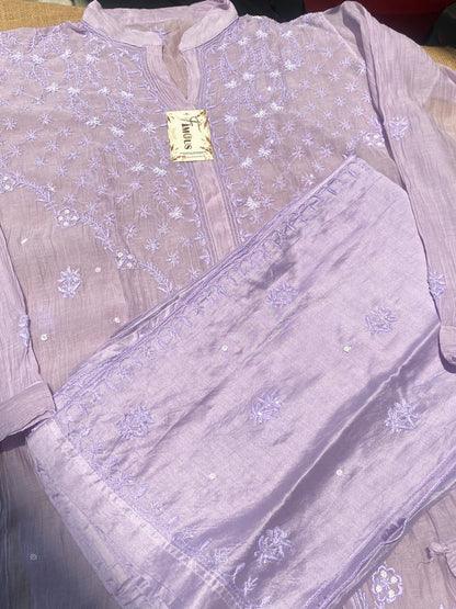Tamanna Chikankari and Pearl Work Semi Stitched Coord Sets-Soft Lavender - Famous Chikankari