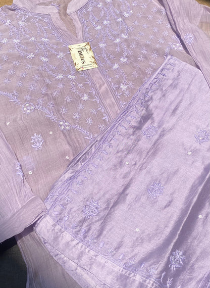 Tamanna Chikankari and Pearl Work Semi Stitched Coord Sets-Soft Lavender - Famous Chikankari