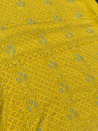 Roshan-e-Noor Mustard Yellow Chikankari Unstitched Set - Famous Chikankari
